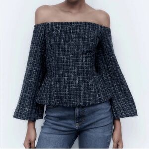 NWT Zara Plaid Off Shoulder Top M